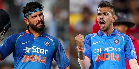 Former Indian cricketer Yuvraj Singh (L) and spinner Yuzvendra Chahal (Photo | PTI)