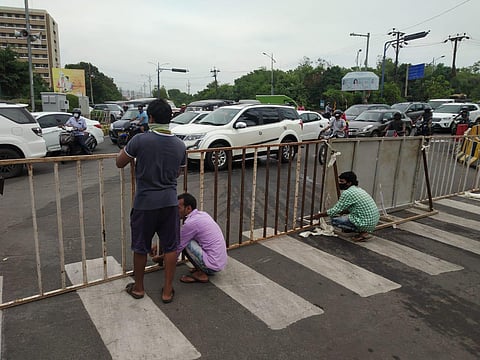 Police barricading the road from Ambedkar junction to Dabagardens road following spike in positive cases in Visakhapatnam (Photo| G Satyanarayana)