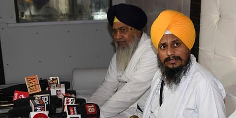 The head priest of the Akal Takht, Giani Harpreet Singh and Shiromani Gurdwara Parbandhak Committee president Gobind Singh Longowal (left) speak to the media persons after offering prayers on the 36th anniversary of Operation Blue Star at the Golden Templ