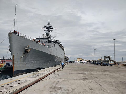 Indian Navy Ship ‘Jalashwa’ reached Thoothukudi VO Chidambaranar Port Trust with 700 Indian expats from Maldives here on Sunday. (Photo | Express)