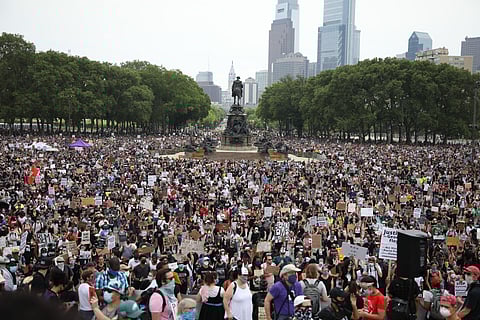 Protesters gather along the steps of the Philadelphia Art Museum and Eakins Oval during a protest, Saturday, June 6, 2020 in Philadelphia over the death of George Floyd, a black man who was in police custody in Minneapolis. (Photo | AP)