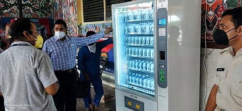 The sanitizer and mask dispenser installed at Patna railway station. (Photo | Express)