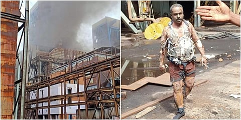 (Left) The Boiler blast site, (Right) One of the workers leaving the boiler blast site
