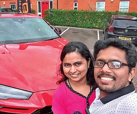 Shibu Paul and Linnet Joseph with the Lamborghini car they won in the Best of the Best lifestyle competition in the UK