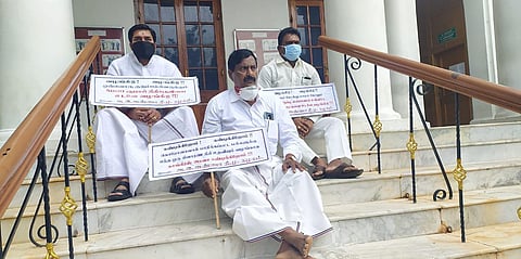 Puducherry AIADMK MLA observe dharna in Legislative Assembly premises. (Photo | EPS)