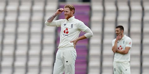 England captain Ben Stokes reacts after West Indies' Kraigg Brathwaite hit a boundary on his delivery. (Photo | AP)