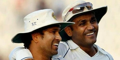 Indian batting legends Sachin Tendulkar (L) and Virender Sehwag (Photo | PTI)