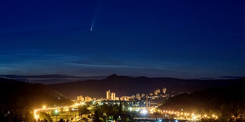 The Comet NEOWISE or C/2020 F3 is seen above Salgotarjan, Hungary, early Friday, July 10, 2020. (Photo | AP)
