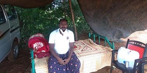 Havildar DM Yogesh staying at the tent pegged at his farm located at Khandenahalli village of Hiriyur taluk in Chitradurga district. (Photo | EPS)