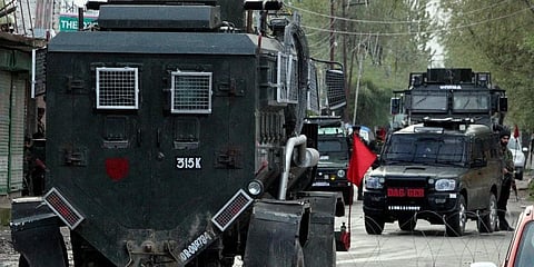 Army soldiers rush towards encounter site at Reban area of Sopore North Kashmir. (Photo | ANI)