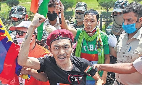 Tibetans-in-exile protest against the China outside the country’s ambassy in New Delhi on Saturday | Shekhar Yadav