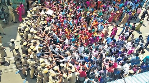 Fishermen during the protest in Nagapattinam on Saturday | Express