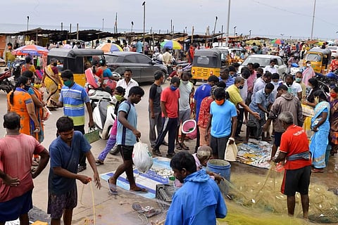 Locals crowd a fish market in Chennai violating social distancing norms.(Photo | Debdatta Malick, EPS)