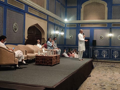 Rajasthan Chief Minister Ashok Gehlot with other leaders and MLAs at Congress legislature party in Jaipur, Rajasthan.