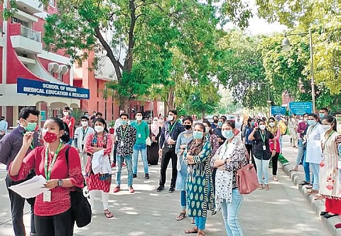 Nurses of the facility protest against the sacking of fellow colleagues (Photo | EPS)