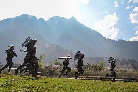 Indian army personnel carry out drills at Kibithu close to the Line of Actual Control (LAC) in Anjaw district of Arunachal Pradesh (File photo | PTI)
