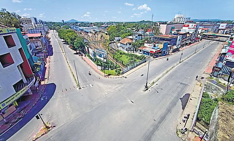 An aerial view of the otherwise busy Overbridge Junction on the second day of the triple lockdown in Thiruvananthapuram on Tuesday. The stretch never stays deserted even during hartals. People remained indoors complying with the week-long curbs in all 100