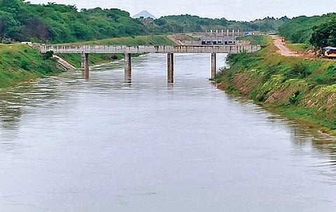 The SRSP Flood Flow Canal at Ramadugu in Karimnagar district brimming with water from the Kaleshwaram Lift Irrigation Project on Wednesday. (Photo| EPS)