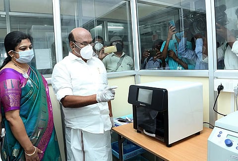 Minister D. Jayakumar checks the Covid-19 test centre after the inauguration at KHM Medical Centre in North Chennai on Thursday. This is the first private hospital who was permitted by the government in the state. (Photo | Express)