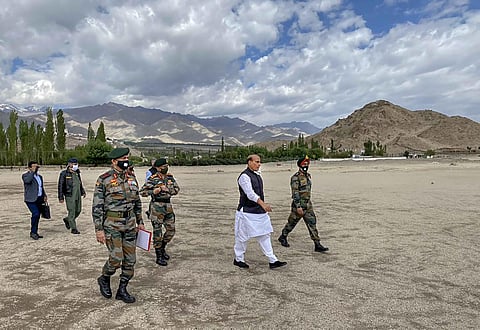 Defence Minister Rajnath Singh arrives to witness para dropping and other military exercises by the troops at Stakna in Leh Ladakh Friday July 17 2020. (Photo | Twitter)