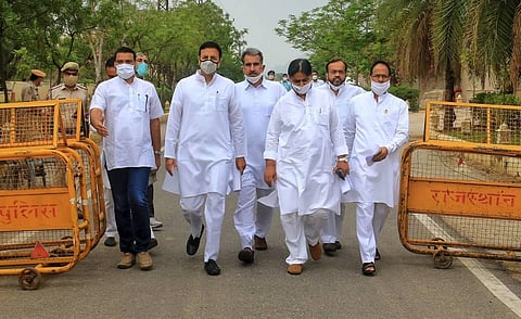Senior Congress leader Randeep Surjewala (second left) with Rajasthan Congress President Govind Singh Dotasra and others arrives to address a press conference in Jaipur Friday July 17 2020. (Photo | PTI)