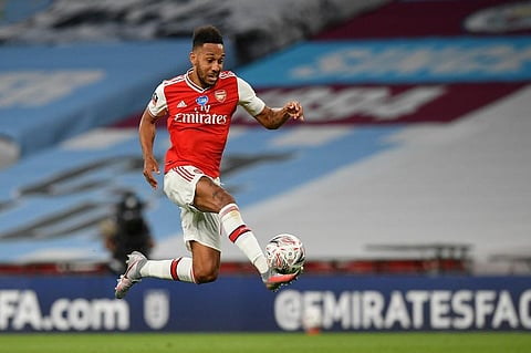 Arsenal's Gabonese striker Pierre-Emerick Aubameyang controls the ball during the English FA Cup semi-final football match between Arsenal and Manchester City. (Photo | AFP)