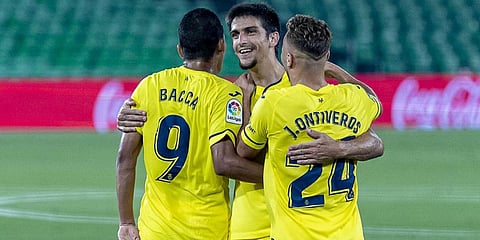 Villarreal players celebrate during their La liga match against Real Betis. (Photo| Special Arrangement)