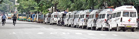 A row of ambulances parked on JC Road in Bengaluru on Sunday | Nagaraja Gadekal