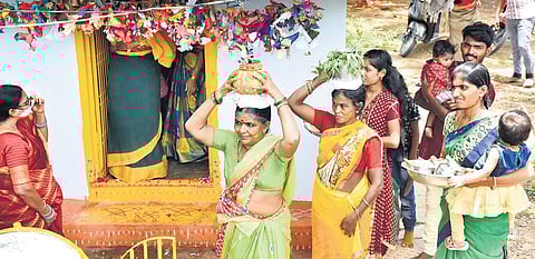 Residents of Karimnagar celebrate Bonalu on Sunday, but without wearing masks or following any distancing norms