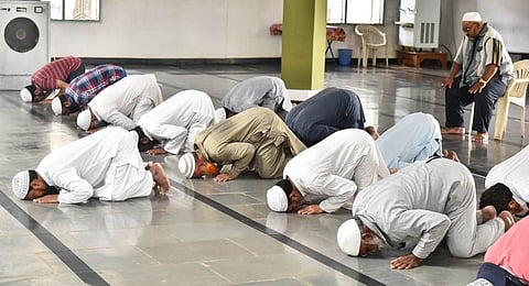 Muslims offer prayers at the Darulshifa mosque in Old City. (Photo | Vinay Madapu, EPS)