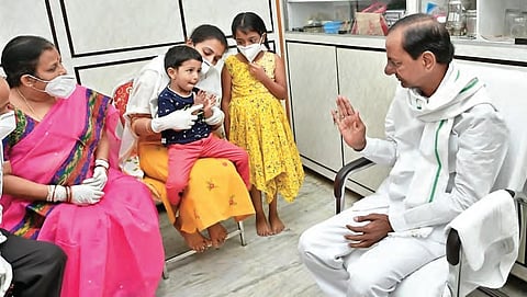 Chief Minister K Chandrasekhar Rao interacts with Col Santosh Babu’s family in Suryapet