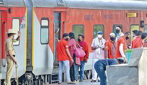 (Image used for representative purposes) The first train arrives at Bengaluru’s KSR Railway Station with passengers from New Delhi. (File | Meghana Sastry, EPS)