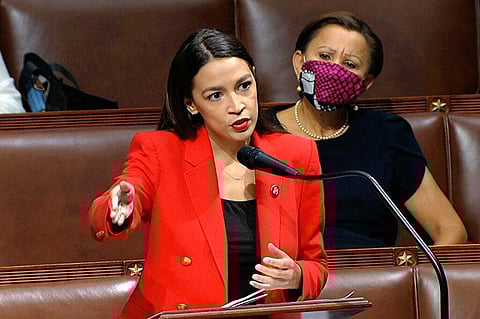 In this image from video, Rep. Alexandria Ocasio-Cortez, D-N.Y., speaks on the House floor, Thursday, July 23, 2020 on Capitol Hill in Washington. (Photo | AP)