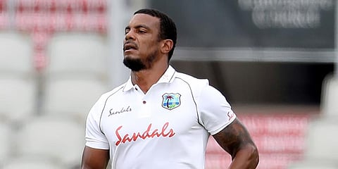 West Indies' Shannon Gabriel bowls during the first day of the third cricket Test match between England and West Indies at Old Trafford in Manchester. (Photo | AP)