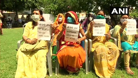 Congress workers hold protest against the Bharatiya Janata Party, at Indian Youth Congress office in Jaipur. (Photo | Twitter/ANI)