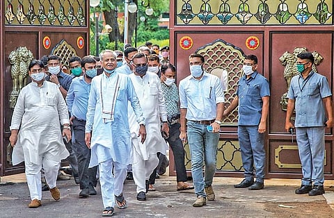 Rajasthan CM Ashok Gehlot along with Congress leaders outside Raj Bhawan in Jaipur | PTI