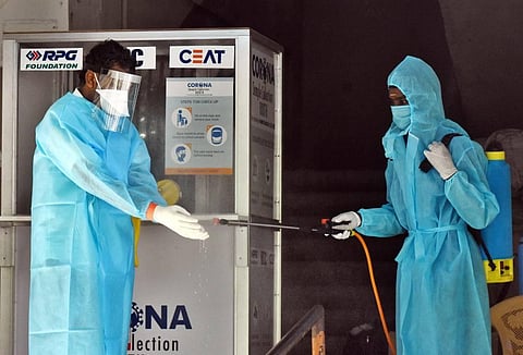 Disinfectants been sprayed at the covid care center at Kamarajar avenue in Adyar. (Photo | Ashwin Prasath/EPS)