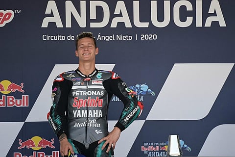 Petronas Yamaha SRT's French rider Fabio Quartararo reacts on the podium after winning the MotoGP race during the Andalucia Grand Prix at the Jerez race track in Jerez de la Frontera. (Photo | AFP)