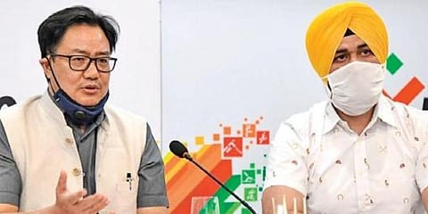 Union Sports Minister Kiren Rijiju (L) with Haryana Sports Minister Sandeep Singh in New Delhi.