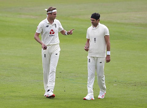 England's Stuart Broad, left, speaks to teammate James Anderson (Photo | AP)