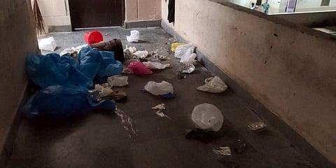 Medical waste thrown at Maddulapalli qurantine center near Khammam. (Photo | EPS)