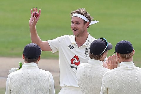 England's Stuart Broad celebrates taking the wicket of West Indies' Kraigg Brathwaite, his 500th Test wicket, on the final day of the third Test cricket match. (Photo | AFP)