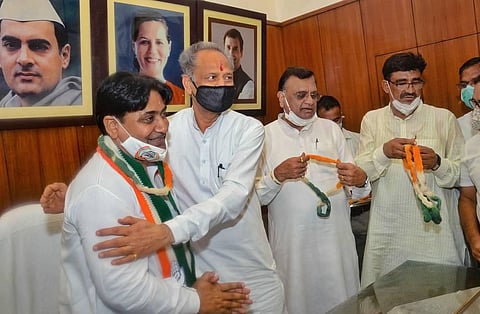 PCC President Govind Singh Dotasra takes charge in the presence of Rajasthan Chief Minister Ashok Gehlot and other party members in Jaipur Wednesday July 29 2020. (Photo | PTI)