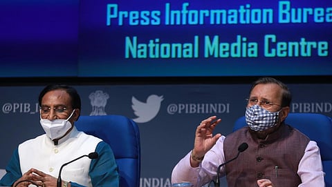 Union Ministers Prakash Javadekar and Ramesh Pokhriyal Nishank L during a press conference in New Delhi. (Photo | Shekhar Yadav, EPS)