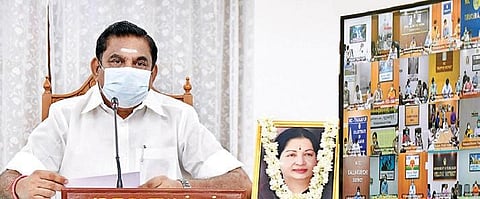 Chief Minister Edappadi K Palaniswami chairing a meeting of District Collectors to discuss Covid containment efforts, through a video conference application from the Secretariat in Chennai on Wednes