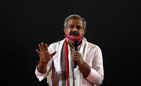 Delhi BJP president Adesh Gupta addresses a press conference in new Delhi on Friday. (Photo | Shekhar Yadav, EPS)