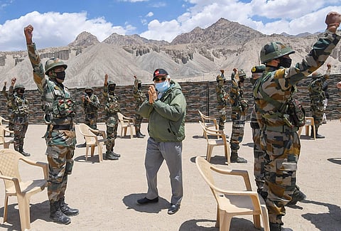 Prime Minister Narendra Modi during his visit to a forward location in Nimu in Ladakh Friday July 3 2020. (Photo | Twitter)