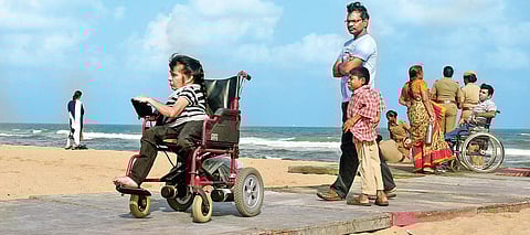 Wheelchair users at Marina Beach on World Disability Day (Photo| EPS/ Martin Louis)