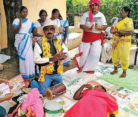 Lanka Kondaiah at one of his Covid awareness programmes at Madhira mandal in Khammam district