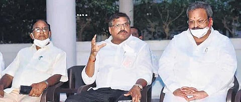 Municipal Administration Minister Botcha Satyannarayana addressing mediapersons in Vizianagaram on Friday | Express